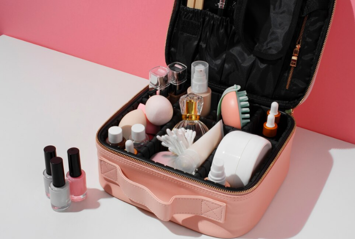 Choose a water-resistant cosmetics case with compartments of different sizes to store everything
